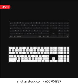 White and black realistic computer keyboard button layout template with letters for graphic use, isolated vector illustration design on black background.