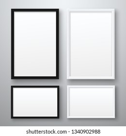 White and black realistic empty pictures frame on gray background. A4 vertical and horizontall blank picture frames for photographs.