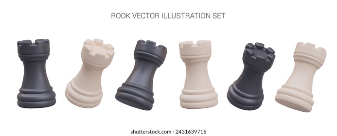 White and black realistic rook. 3D chess pieces in different positions