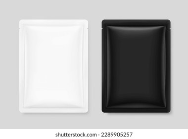 White and black realistic sachet mockup set. Vector illustration. Flat lay view. Packaging for cosmetic, food, pet. Ready for your design. EPS10.	