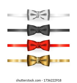 White, black, red, golden bow tie mockup isolated on white background. Cloth butterfly textile texture. Gentleman suit element. Silk, satin bowtie template. Vector illustration.