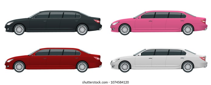 White, black, red, pink limousines isolated on white. Template limousine icon vector. Premium people transportation. Viev side.