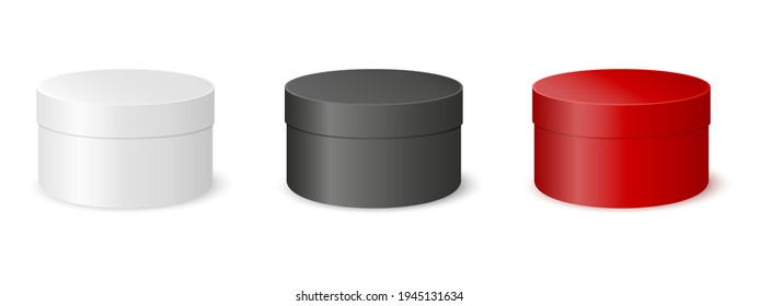 White, black, red round boxes mockup isolated on white background. Cardboard package for product design. Containers for gifts, hats, cookies, cosmetics. Vector realistic illustration.