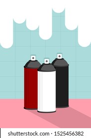 White black red spray cans with white spray drop on pastel blue tile and pink floor background