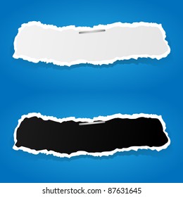 White and black ripped paper on blue background. Vector illustration.