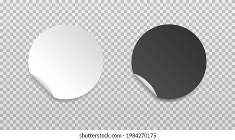 White and black round folded edge sticker. Empty paper price tag templates with peeling corner. Blank layout for any notes. Vector illustartion isolated on transparent background.