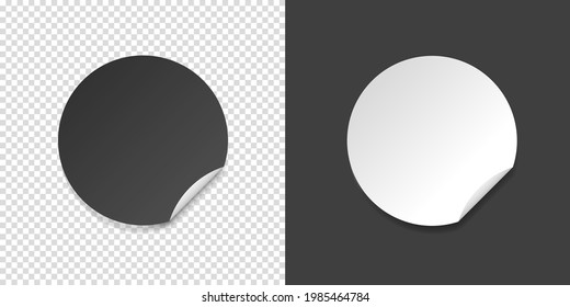 White and black round folded edge sticker. Empty paper price tag templates with peeling corner. Blank layout for any notes. Vector illustartion isolated on transparent and black backgrounds.