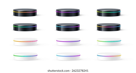 White and black round podiums with glow neon line. Set of product display stands isolated on white background. Cosmetic showcase pedestal, platform, stage. Realistic vector illustration set.