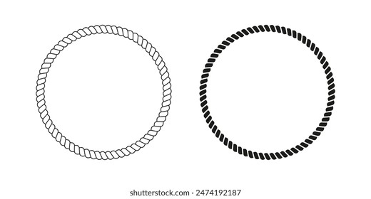 White and black round rope frames. Hemp or steel circular borders of cord or thread, cable or jute. Design elements on maritime, yacht or nautical theme. Vector graphic illustration.