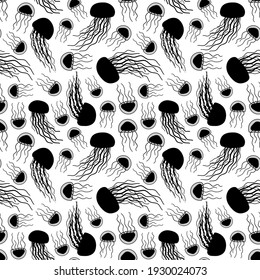 White black Seamless endless repeat silhouette pattern of outline vector doodle cartoon jellyfish. Sea or ocean jelly has long tentacles. Animals are isolated on white background