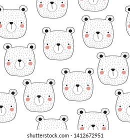 White And Black Seamless Pattern With Bear Face. Cute Kids Nordic Print. Vector Hand Drawn Illustration.