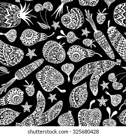 White And Black Seamless Pattern With Fruits And Vegetables
