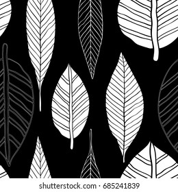 White and black seamless pattern with leaf, monochrome leaf background.