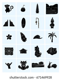 White and Black set of Bali. Set of traditional cultural symbols, cuisine, architecture. Collection of vector illustrations for the guidebook. Flat icons .Isolated vector illustration. Sticker 