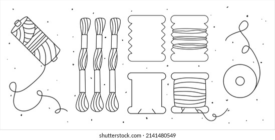 White and black set of icons with threads on bobbin, spool of thread, floss (muline). Perfect for tailors, sewers, dressmakers, children, handmaders. Vector linear illustration. Isolated on white bg.