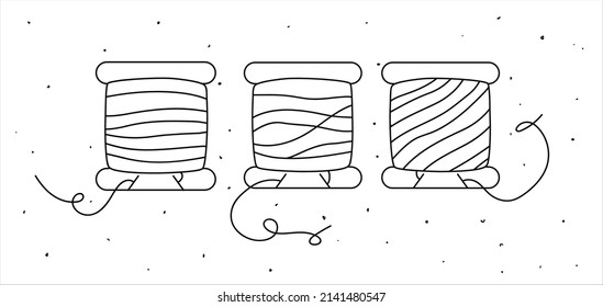 White and black set of three colourful icons with floss on plastic bobbin. Perfect for tailors, sewers, dressmakers, children, handmaders. Vector flat illustration. Isolated on white background.
