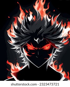 a white black shadow in anime style with red eyes with flames behind,manga sketch,anime art 