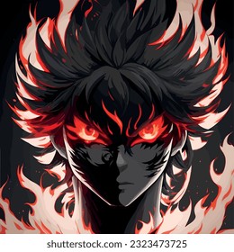 a white black shadow in anime style with red eyes with flames behind,manga sketch,anime art 