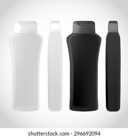 White and Black Shampoo Bottle Mock-up collection. Plastic Bottle of Shampoo, Gel or Lotion on white background isolated. Mock up for design. Product Packing Vector.