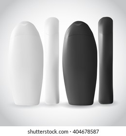 White and Black Shampoo Bottle Mock-up collection. Plastic Bottle of Shampoo, Gel or Lotion on white background isolated. Mock up for design. Product Packing Vector.