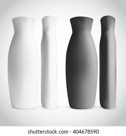 White and Black Shampoo Bottle Mock-up collection. Plastic Bottle of Shampoo, Gel or Lotion on white background isolated. Mock up for design. Product Packing Vector.