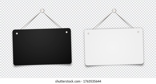 White   black shop door signs hanging isolated transparent background  Empty blank sign for store  restaurant cafe  Vector illustration  EPS 10