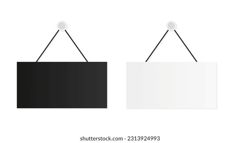 White and black signs on the door of the store hang on a transparent background. Empty or blank sign for shop, restaurant or cafe. Hanging white banner with place for text. Vector illustration