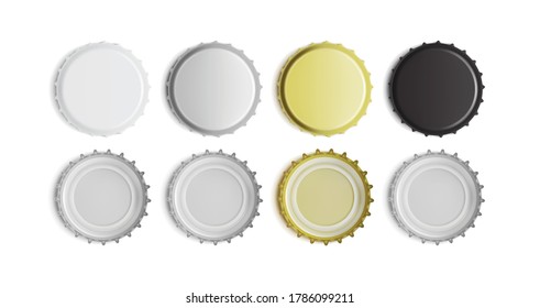 white, black, silver and gold bottle cap top and bottom view isolated on white background
