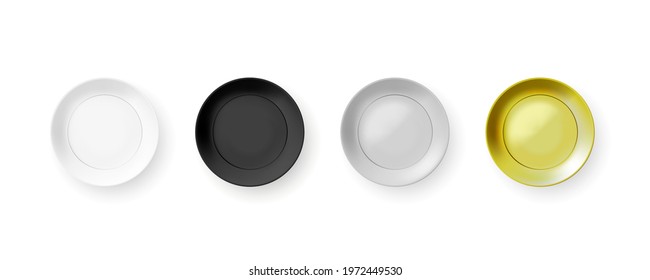 White, Black, Silver And Golden Plate Isolated On Background. Top View. EPS10 Vector