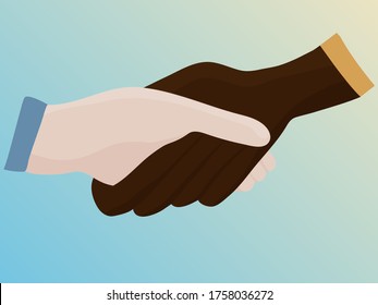 White and black skin people shake hands together. A conceptual image of the unity of the world of interracial friendship and the concept of tolerance. blue sky background. Vector 
