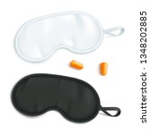 White and black sleeping mask mockup with pair of earplugs in realistic style - isolated vector illustration of blindfold for travel rest and healthy eye relaxation at night.