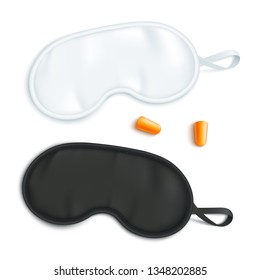 White And Black Sleeping Mask Mockup With Pair Of Earplugs In Realistic Style - Isolated Vector Illustration Of Blindfold For Travel Rest And Healthy Eye Relaxation At Night.