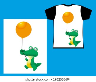 white and black sleeved t-shirt vector design with a crocodile character carrying a cute balloon