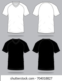 White & Black Slope Shoulder V-Neck Shirt Vector For Templates.Front And Back Views.