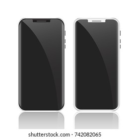 White and black smartphone mockup with black screen. Contemporary design. Mobile phone, smart phone templates set. Modern flat design vector illustration isolated on white background