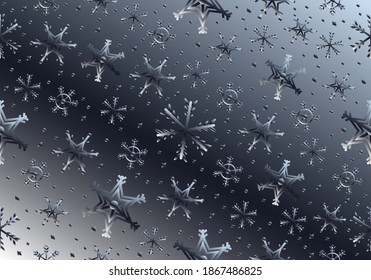 Weiße und schwarze Schneeflocken auf silbernem Hintergrund. Nahtlose Muster. Vektorgrafik. Stilvolle Stahlfarbe.