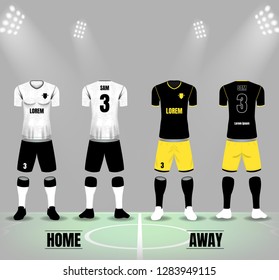 White and black soccer uniform and black and yellow soccer uniform for home and away team