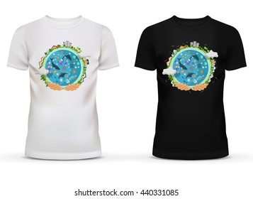White and black sportswear t-shirt with u-neck collar and short sleeve for teenager, and adult with print or advertisement of hands holding earth with houses or buildings on circumference and ocean