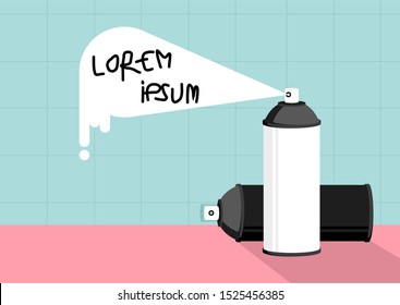 White black spray cans with white spray drop on pastel blue tile and pink floor background