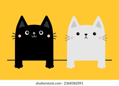 Black White contour Cat head couple family icon. Red heart. Cute funny  cartoon character. Word love Valentines day Greeting card. Kitty Whisker  Baby pet collection background. Isolated. Flat design. Stock Vector