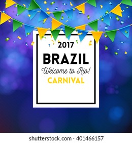 White and black square frame with 2017 Brazil Welcome to Rio Carnival text over obscured purple gradient and strings of triangular party flags