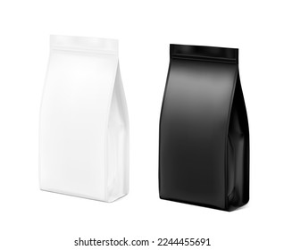 White and black stand up pouch bags mockup. Realistic vector illustration isolated on white background. Half side view. Perfect for the presentation your product. EPS10.