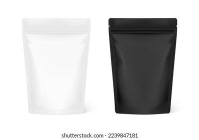 White and black stand up pouch mockup. Vector illustration isolated on white background. Front view. Can be use for template your design, presentation, promo, ad. EPS10.	