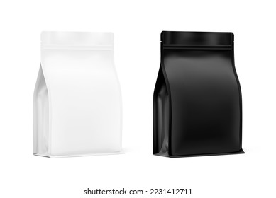 White and black stand-up pouch bags with flat bottom side gusseted and zipper. Realistic mockup. Half side view. Perfect for the presentation your product. EPS10.	