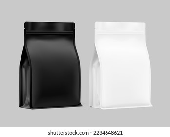 White and black stand-up pouch bags with flat bottom side gusseted and zipper. Realistic mockup. Half side view. Perfect for the presentation your product. EPS10.	