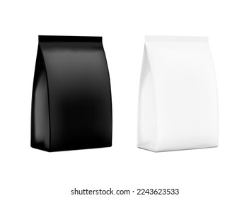 White and black stand-up pouch bags mockup. Realistic mockup. Half side view. Perfect for the presentation your product. EPS10.	