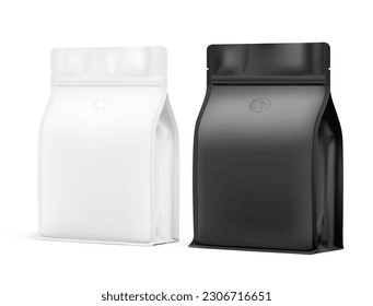 White and black stand-up pouch bags with flat bottom side gusseted and air valve. Realistic mockup. Half side view. Perfect for the presentation your product. EPS10.	