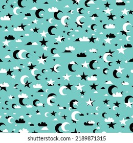 white and black stars moon and clouds in blue sky background seamless pattern repeatable. perfect for gift wrapping, invitation card, greeting card, fashion textile pattern design etc