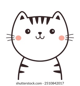 Cara de gato listrado preto branco. Bela cabeça de gatinho. Desenho de contorno de linha. Cartoon kawaii personagens engraçados. Emoção sorridente. Dia dos Namorados. Cartão de amor. Estilo infantil. Design plano. Fundo branco. Vetor