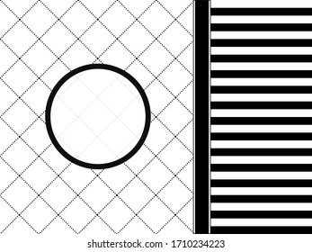 Fondo geométrico rayado blanco y negro con puntos y un marco redondo para texto .Vector gráfico.